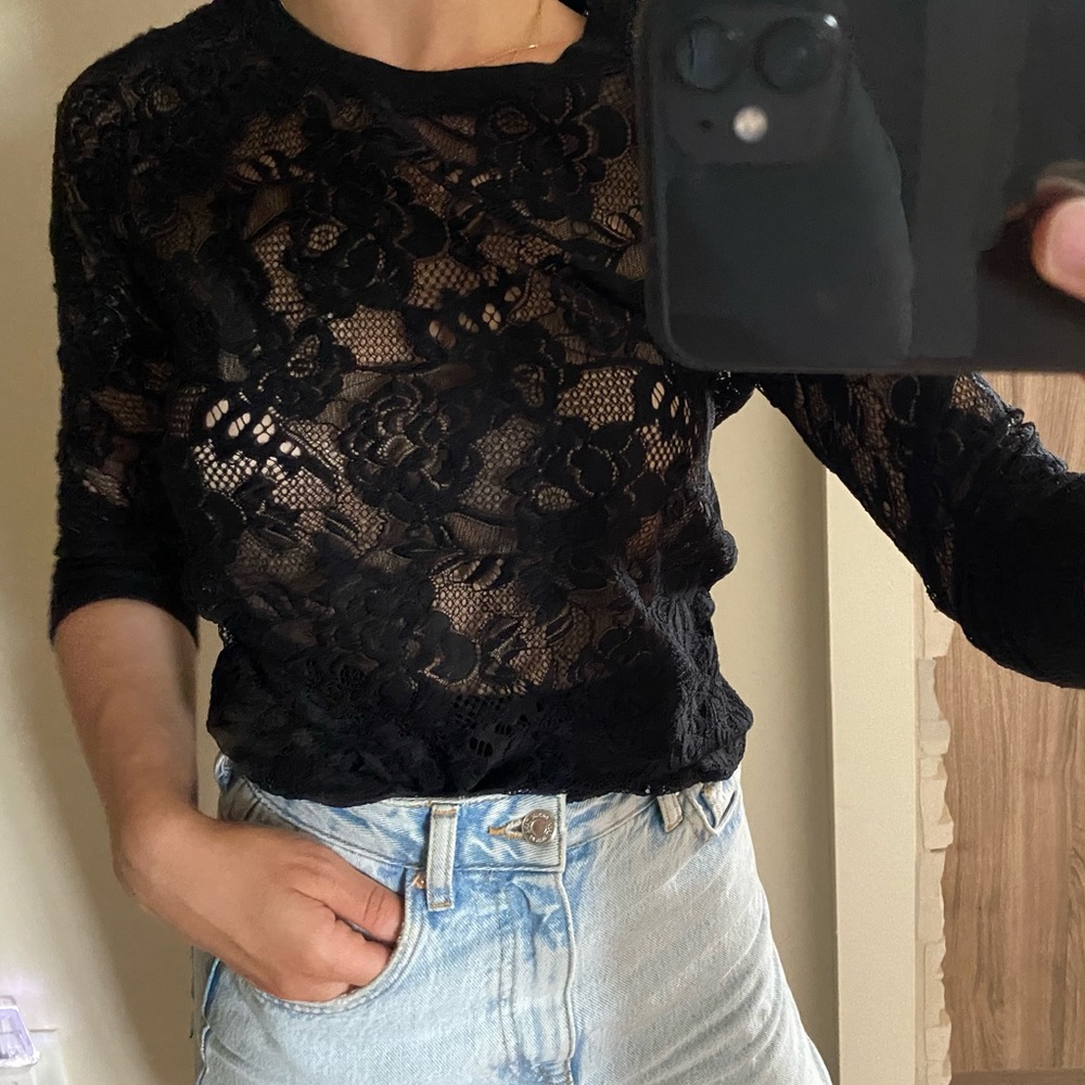 J&Y black sheer floral top size small